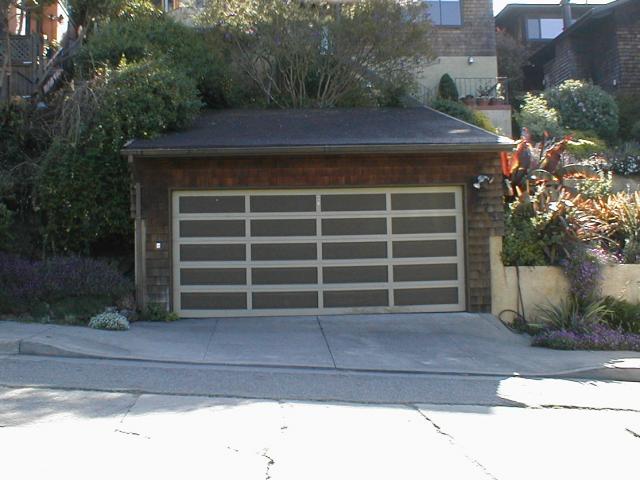 A garage door on Spruce Street