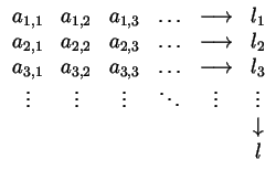 $\displaystyle {\begin{array}{cccccc}
a_{1,1} & a_{1,2} & a_{1,3} & \ldots & \lo...
... \ddots & \vdots & \vdots \\
& & & & & \downarrow \\
& & & & & l
\end{array}}$