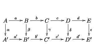 $\displaystyle \xymatrix{
A\ar[r]^{a}\ar[d]^\alpha &
B\ar[r]^{b}\ar[d]^\beta &
C...
...psilon \\
A'\ar[r]^{a'} & B'\ar[r]^{b'} & C'\ar[r]^{c'} & D'\ar[r]^{d'} & E'
}$