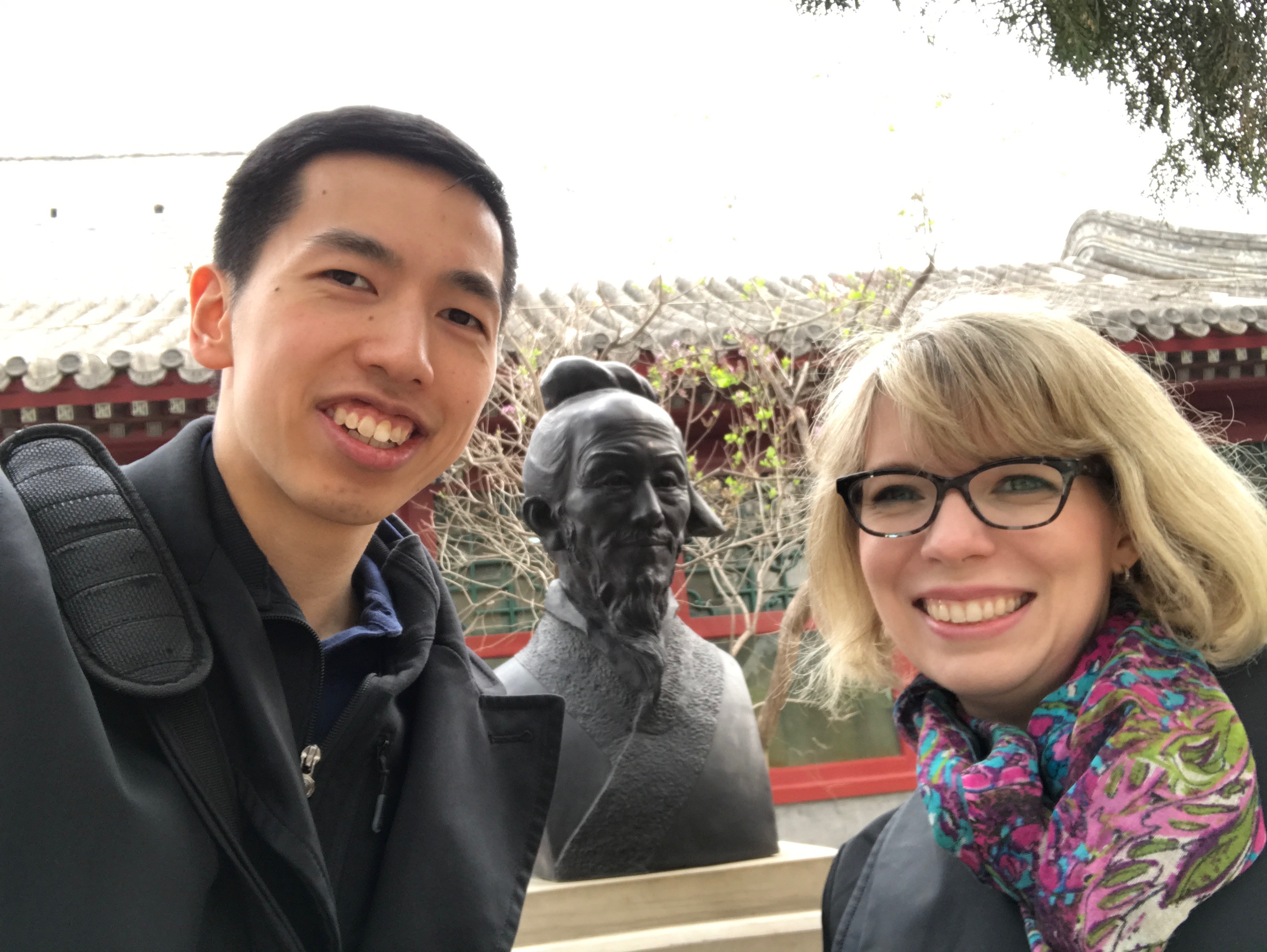 Sarah and Michael with statue of Xu Guangqi at Beijing Ancient Observatory