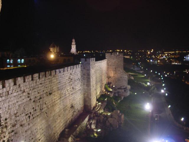 The old city wall at nighttime