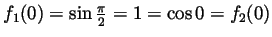 $ f_1(0)=\sin\frac{\pi}{2}=1=\cos 0=f_2(0)$