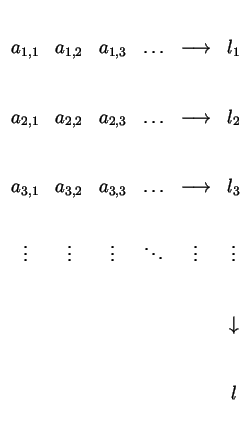 $\displaystyle {\begin{array}{cccccc}
a_{1,1} & a_{1,2} & a_{1,3} & \ldots & \lo...
... \ddots & \vdots & \vdots \\
& & & & & \downarrow \\
& & & & & l
\end{array}}$