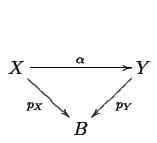 $\displaystyle \xymatrix{
X \ar[rr]^\alpha \ar[rd]_{p_X} & & Y \ar[ld]^{p_Y} \\
& B &
}$