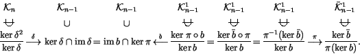 \begin{displaymath}\begin{array}{ccccccccccccc}
{\mathcal K}_n & &
{\mathcal K...
...m}}
\displaystyle\frac{\ker\bar{b}}{\pi(\ker b)}.
\end{array}\end{displaymath}