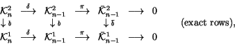 \begin{displaymath}\begin{array}{ccccccc}
{\mathcal K}^2_n &
\stackrel{\delta}...
...
\longrightarrow &
0
\end{array} \qquad\text{(exact rows)},
\end{displaymath}